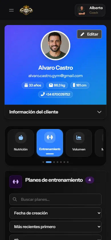 App de cliente con entrenamientos asignados