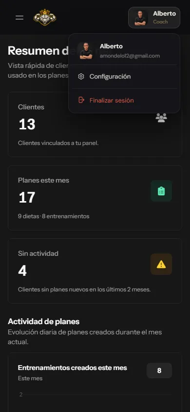 Pantalla de cuenta del cliente en SuperCoach