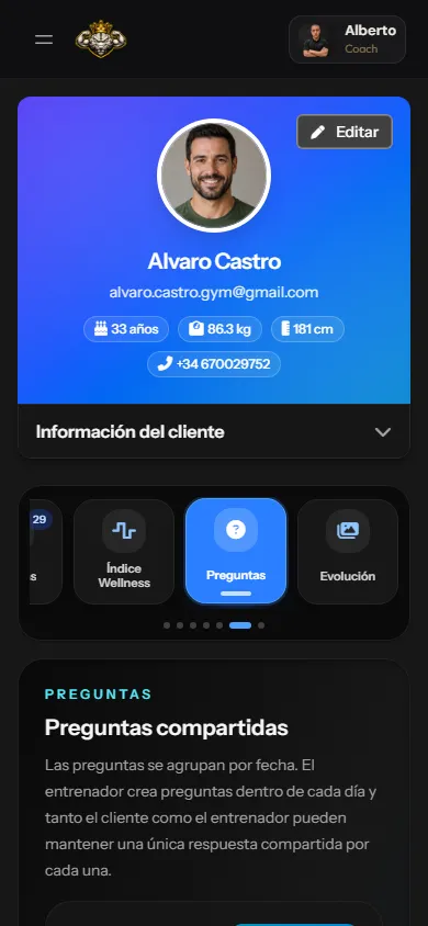 App de cliente con wellness y preguntas