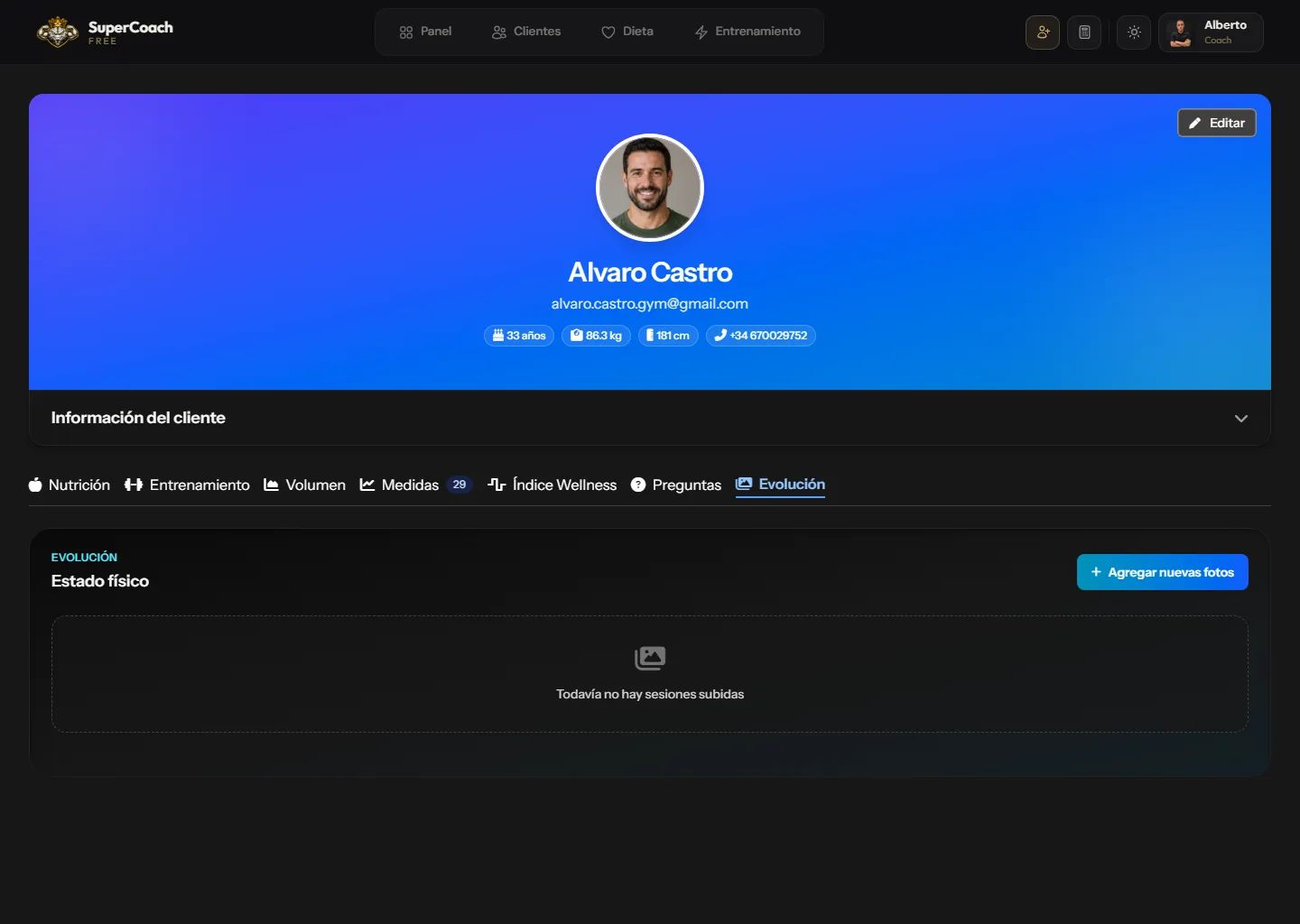Perfil de cliente en SuperCoach con fotos de evolución