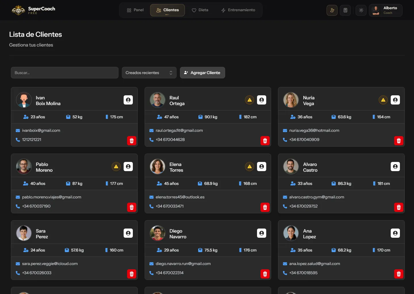 Lista de clientes en SuperCoach